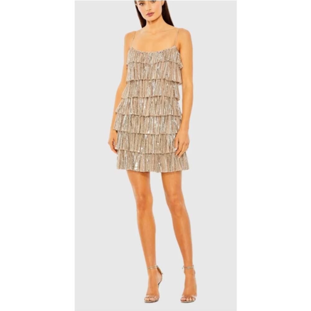 Mac Duggal Beaded Strap Sequin Ruffle Mini Dress in Nude Silver Sz 6 NWT